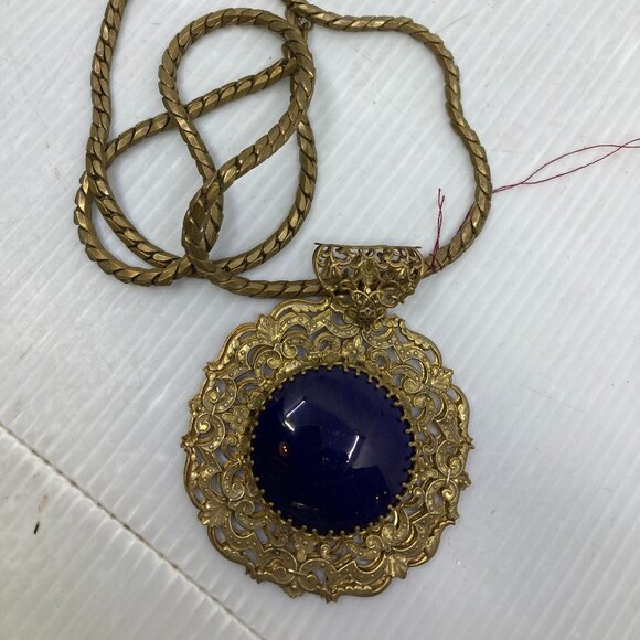 Vtg chunky MIRIAM HASKELL signed brass glass medallion statement piece necklace - Picture 1 of 5